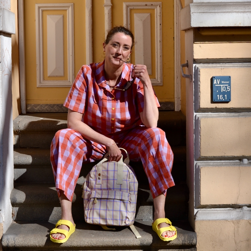 Kurzarm-Karo-Bluse grape/lavender – Bild 4