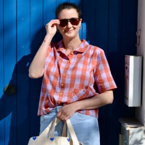 Kurzarm-Karo-Bluse grape/lavender